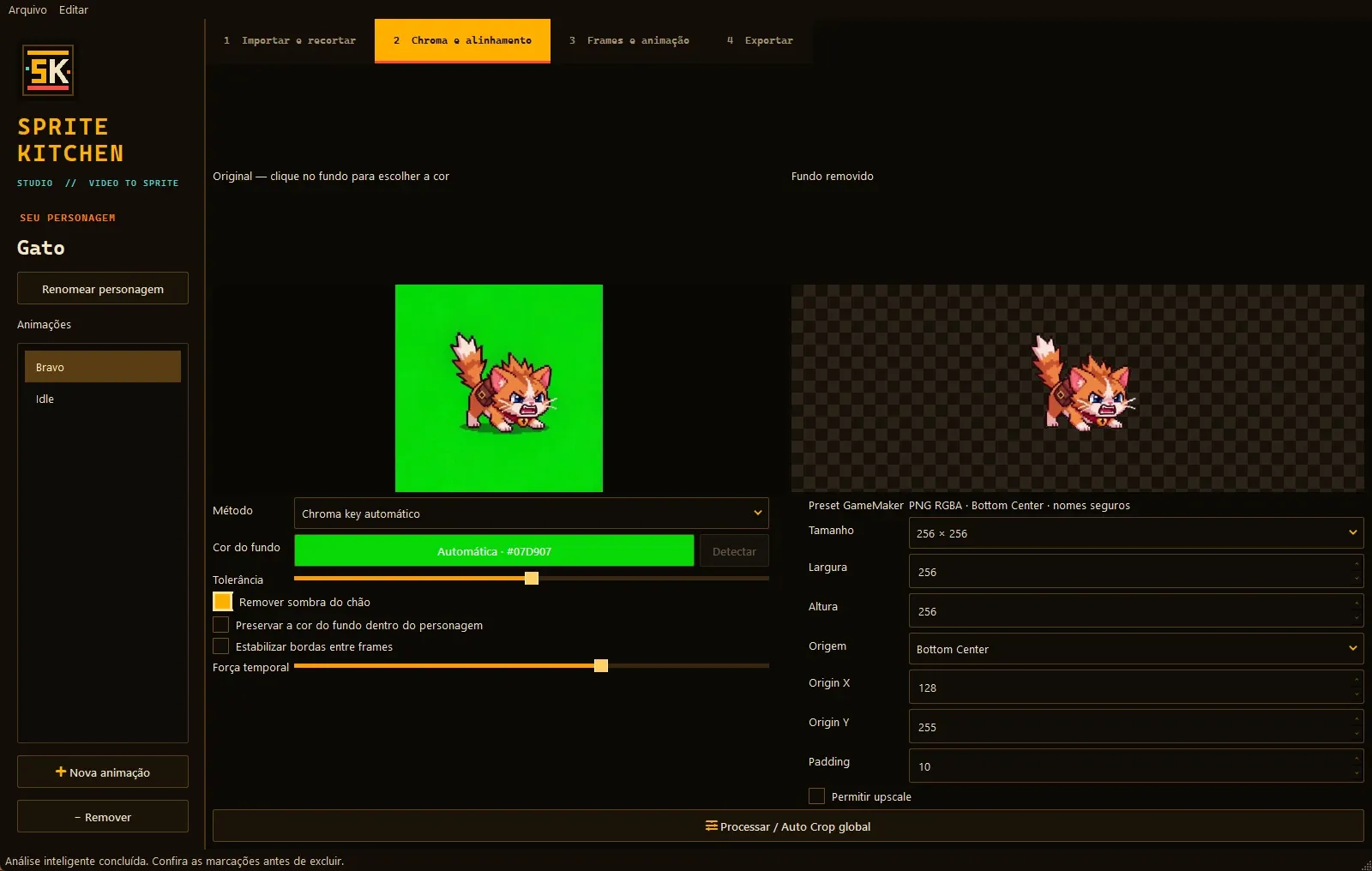 Aba Chroma e alinhamento: quadro original ao lado do recorte, ajustes do chroma key e da saída para o GameMaker