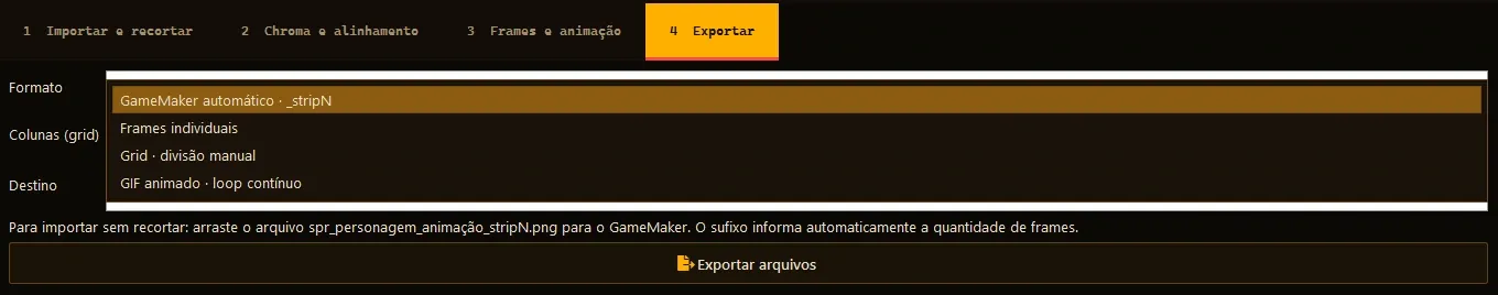 Aba Exportar com a lista de formatos aberta: GameMaker _stripN, frames individuais, grid e GIF animado